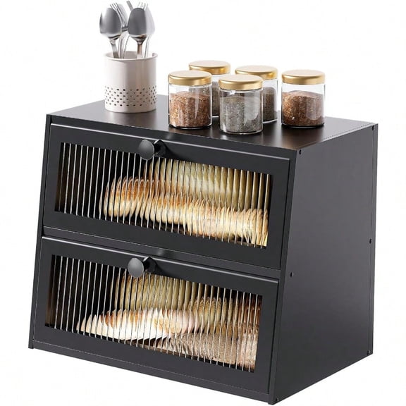 Bread Box for Kitchen CountertopExtra Large 2 Layer Breadbox Wooden Farmhouse Bread Storage Container Bread Bin Bread Holder Food Organizer Pantry Shelf Acrylic Window Black