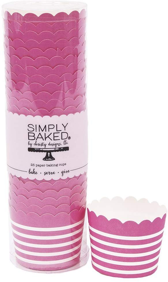 Simply Baked Small Paper Baking Cups Fuchsia with White Stripe 25Pack Disposable and Ovensafe