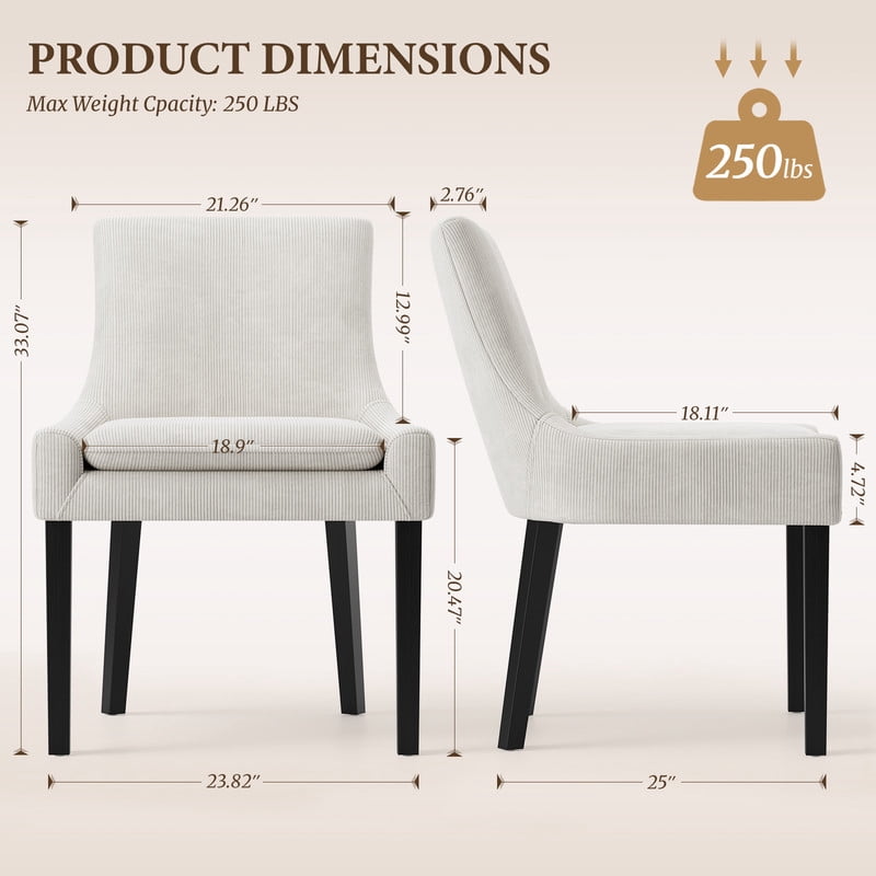 COLAMY Modern Dining Chairs Set of 2, Upholstered Corduroy Accent Side Leisure Chairs with Mid Back and Wood Legs for Living Room/Dining Room-Beige