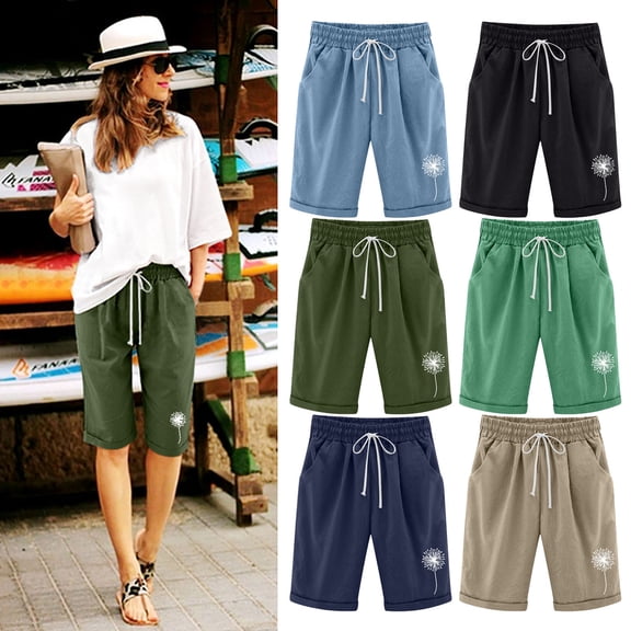 Trendfront Women's Plus Size High Waisted Dandelion Graphic Print Bermuda Shorts Lightweight Elastic Waist with Pockets Bottoms