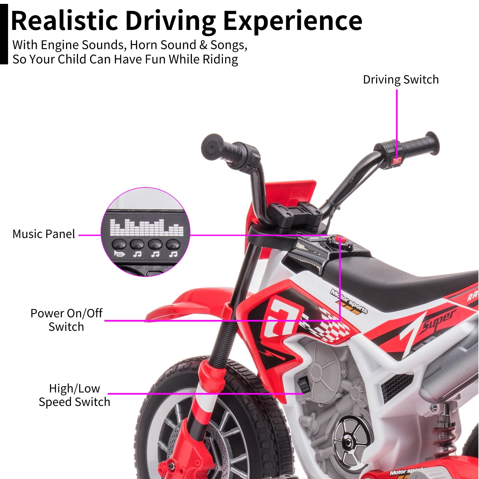 LUIBAS 12V Kids Ride On Electric Motorcycle, Battery Powered Electric Dirt Bike, Off-Road Street Bike Ride on Car with Training Wheels, Spring Suspension, High/Low Speeds, Built-in Music, Red