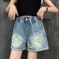 thumbnail image 2 of TOWED22 Girls Ripped Raw Hem Denim Shorts Elastic Waist Straight Leg Jean Shorts Casual Summer Skort(Blue,11-12 Y), 2 of 5
