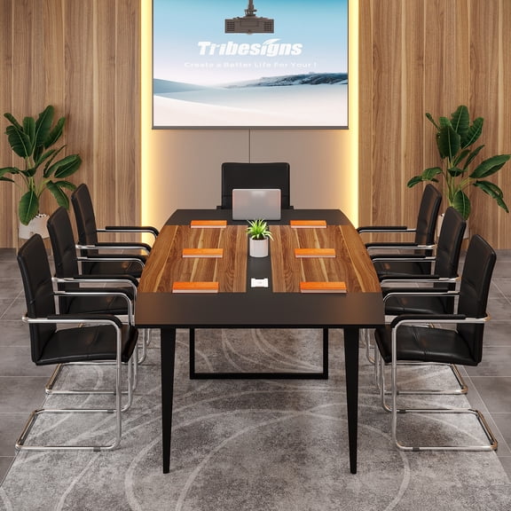 94.48" L x 47.24" W Conference Table,Seminar Table with Rectangle Grommet Dark Walnut & Black
