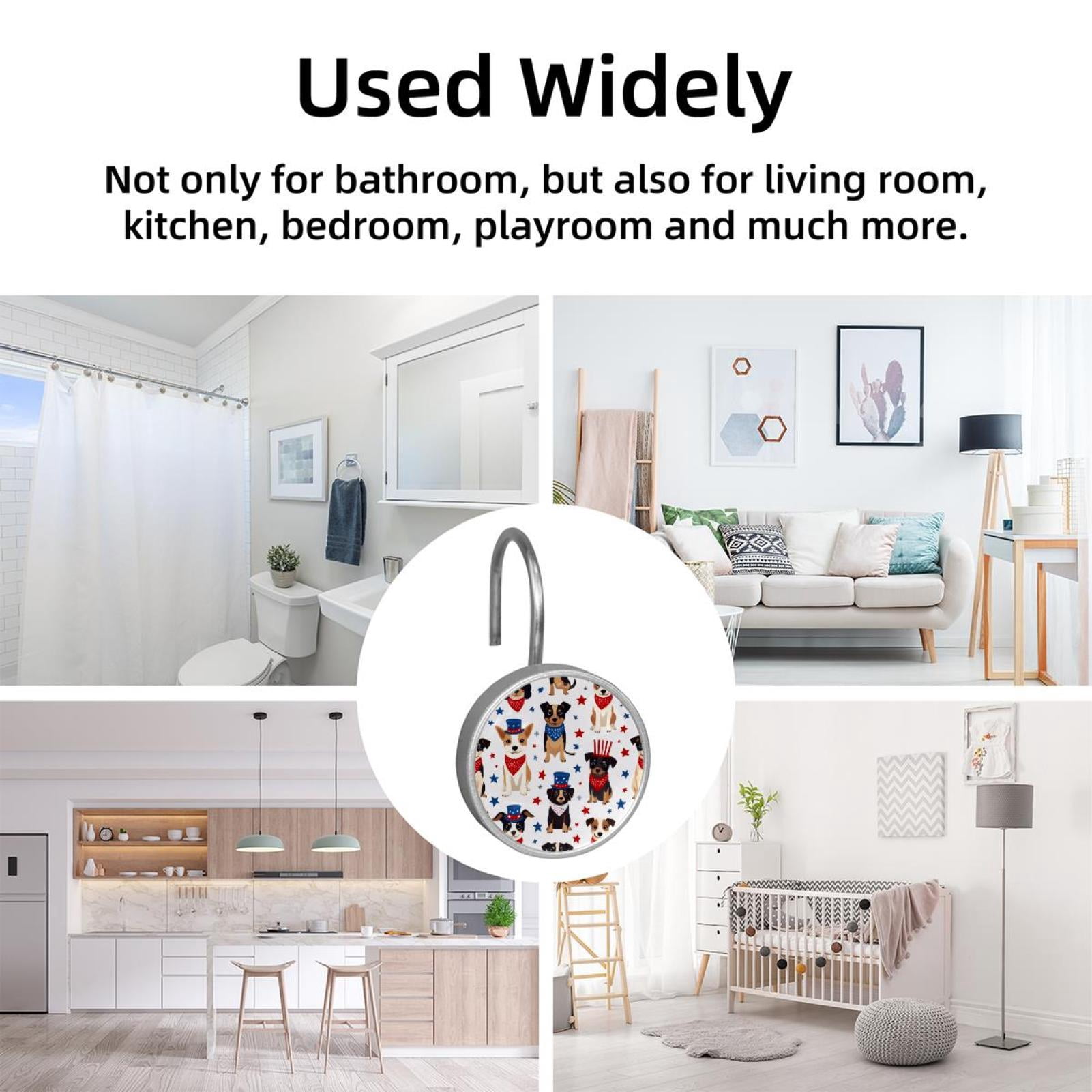12pcs Decorative Shower Curtain Hooks, Rust Resistant Shower Rings for Bathroom Living Room,Rustproof Stainless Steel Rings for Shower Curtain and Liner Rods,4th of July Dogs