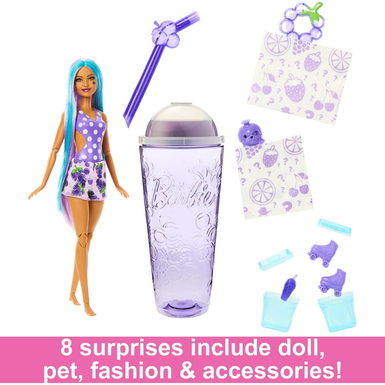  Barbie Pop Reveal Fruit Series Doll, Grape Fizz Theme with 8  Surprises Including Pet & Accessories, Slime, Scent & Color Change : Toys &  Games