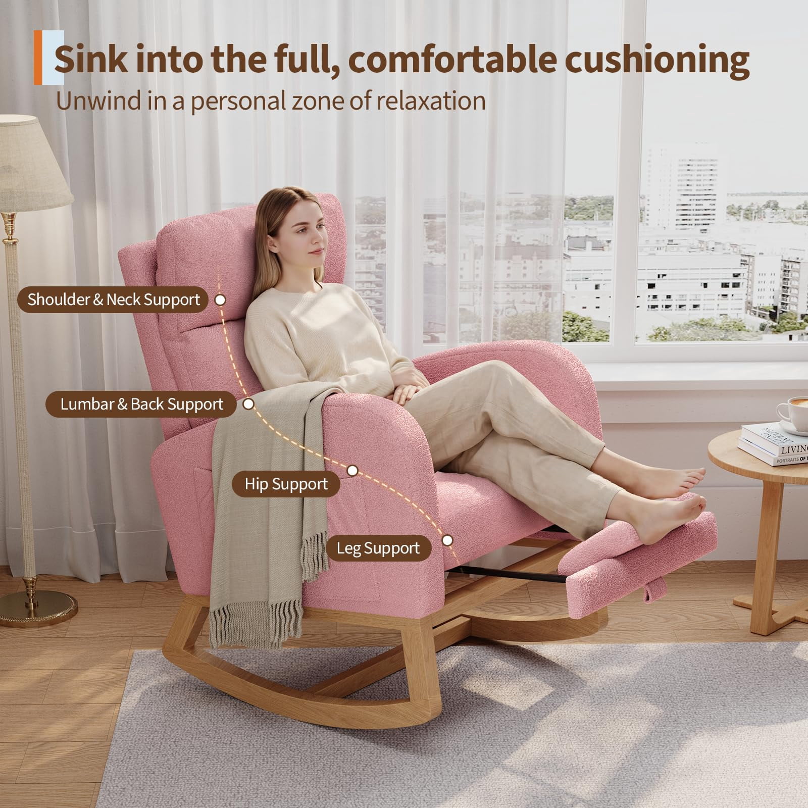 Garvee Modern Nursery Glider Chair Teddy Fleece Rocking Chair with Footrest with Side Pockets and Pillow, Rocker Chair for Living Room Bedroom and Home, Pink