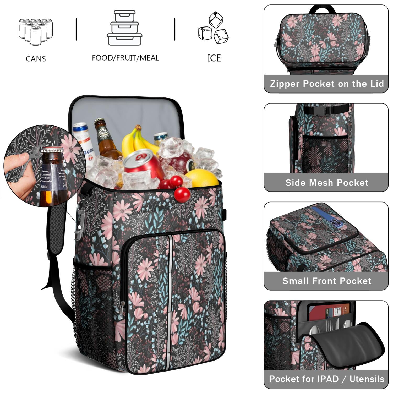 Travel Cooler Bag - Pioneer Flower Floral Print Pattern Camping Beer Cooler Backpack with Bottle Opener- Waterproof Insulated Picnic Backpacks - Cooler Bag for Beach