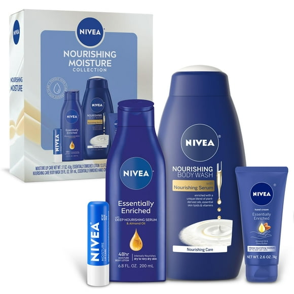 Set de cuidado de la piel Nivea Nourishing Body Wash 600 ml, loción corporal 400 ml, crema de manos 75 ml y bálsamo labial