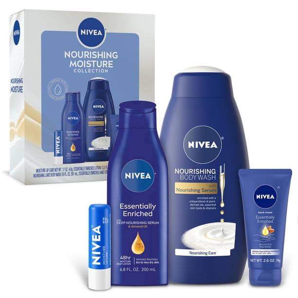 Set de cuidado de la piel Nivea Nourishing Body Wash 600 ml, loción corporal 400 ml, crema de manos 75 ml y bálsamo labial