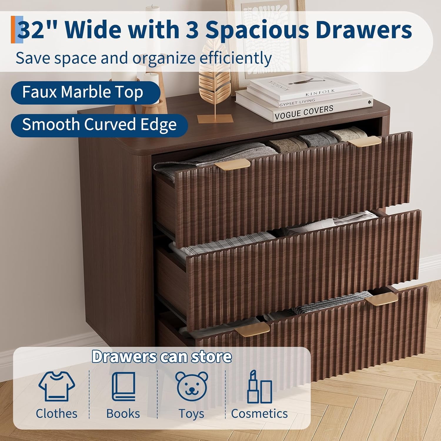 Garvee Farmhouse Nightstand for Living Room, 32" x 15.7" x 32", with 3 Drawers, Walnut Color