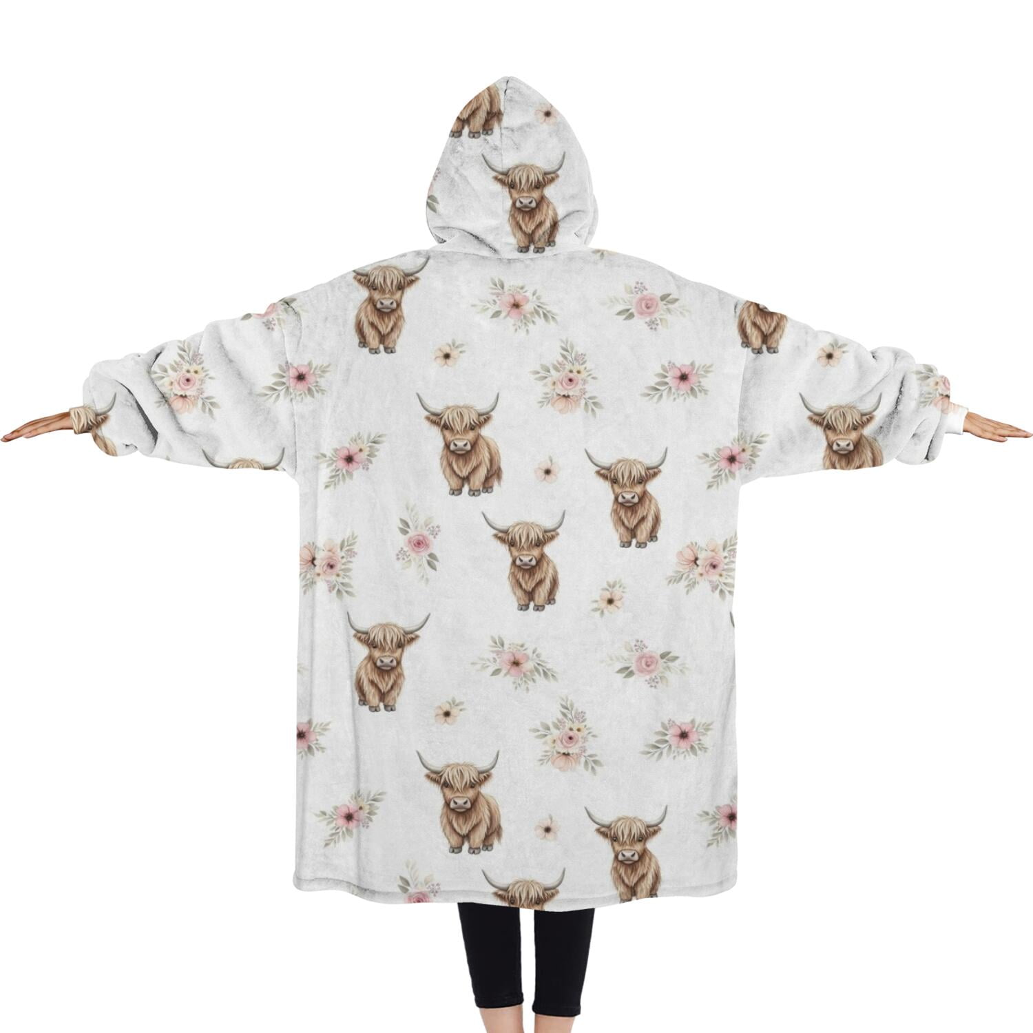 Oversized Wearable Blanket Hoodie,White Highland Cow Flower Pattern Sherpa Blanket Hoodie with Super Pockets,Super Warm Fuzzy Pullover for Women & Men