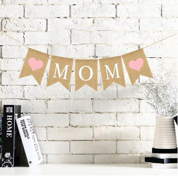 Toddmomy Burlap Banner Pink Multi Heart Swallowtail Linen Mother's Day Door Banner Happy Decoration 1Set