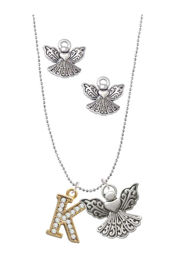 Goldtone Crystal Initial - K - Silver tone Guardian Angel Charm Necklace and Stud Earrings