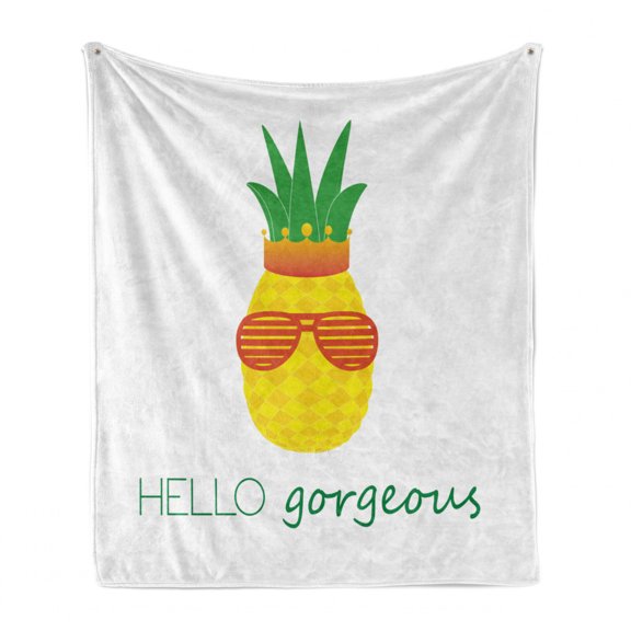 Hello Gorgeous Soft Flannel Fleece Throw Blanket, Colorful Doodle Pineapple with Crown and Glasses and Graphic Phrase Theme, Cozy Plush for Indoor and Outdoor Use, 50" x 60", Multicolor, by Ambesonne