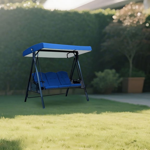 XIBUFE 3 Seat Outdoor Porch Swing with Cup Holder, Adjustable Canopy, Convertible Patio Swing Bed with Stand, Garden (Blue, Only Contain Protective Cover)