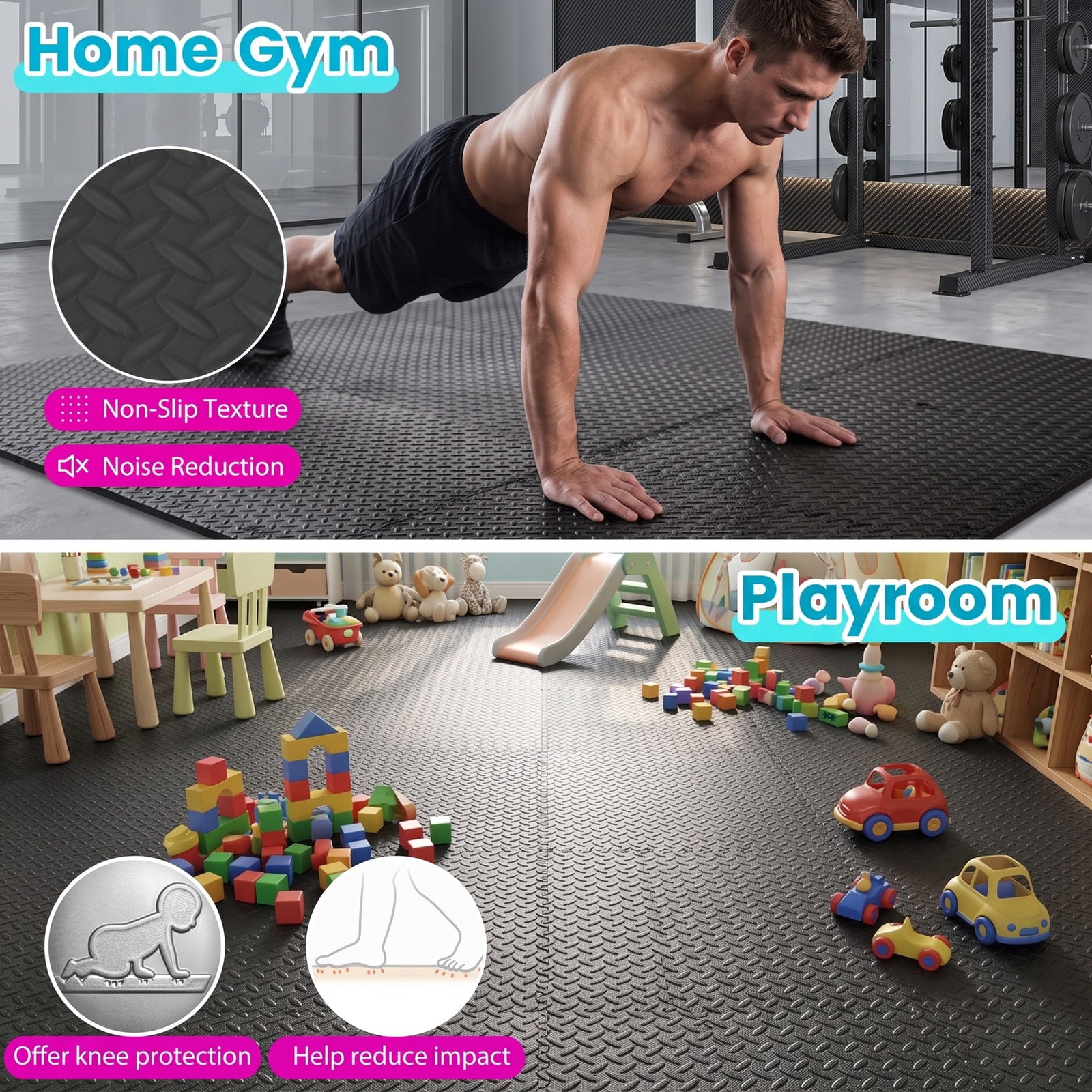 Airfind 24 Tiles Puzzle Exercise Floor Mat with Interlocking EVA Foam and Non-Slip Texture for Home Gym Equipment Protection, Black