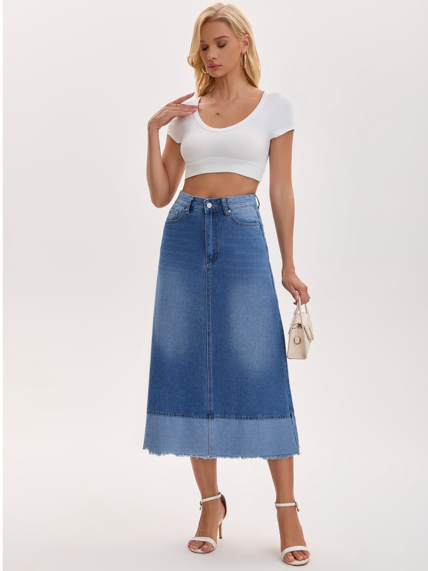 DARING DIVA Women's Denim Maxi Contrast Panel A Line Long Jean Skirts X-Large Blue