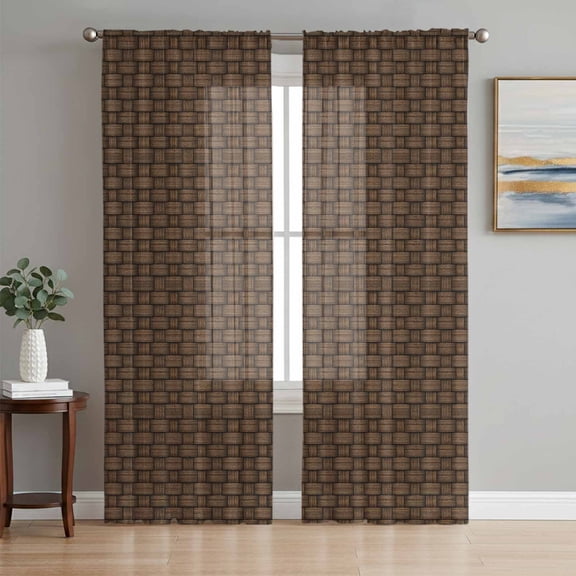 Dark Brown Rattan Sheer Curtains 96 Inch Length 2 Panels Set Window Treatments, Vintage Abstract Wicker Texture Rod Pocket Semi Curtains for Living Room/Bedroom/Kitchen Décor, 104"W x 96"L