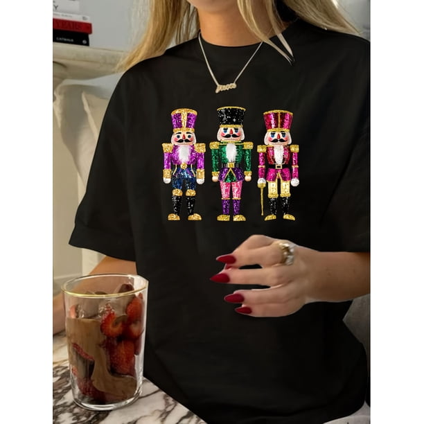 Round Neck Retro Casual Print T-shirt Top Women's Clothing