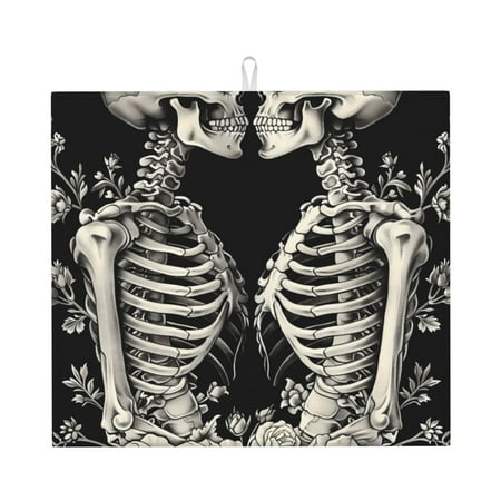

Lukts Skeletons Love Flowers Print Ultra Water Dish Drying Mat Slip Resistant Pad for Sink Dishes or Under Rack Kitchen Counter Accessories