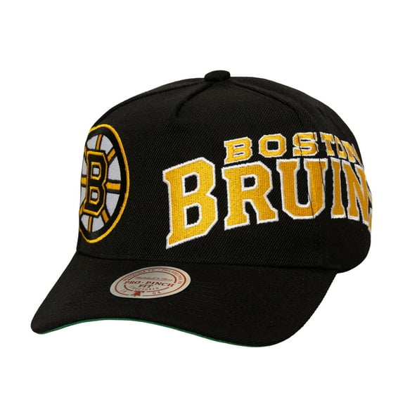 Men's Mitchell & Ness  Black Boston Bruins Busted Logo Wordmark Wrap-Around Pro Pinch Adjustable Hat