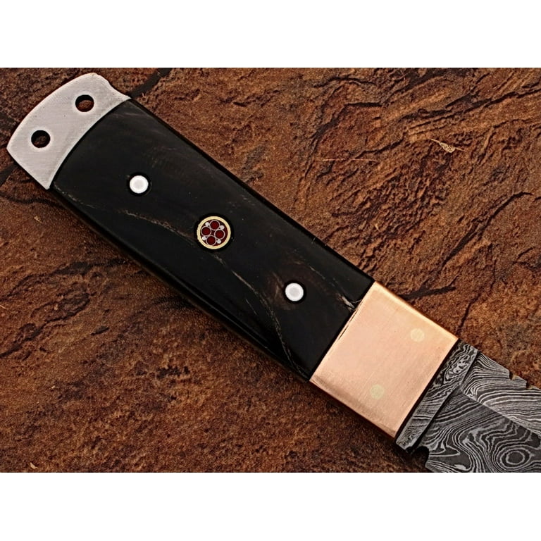 Custom Handmade Damascus Steel Gut Hook Knife With Buffalo Horn Handle +  Sheath