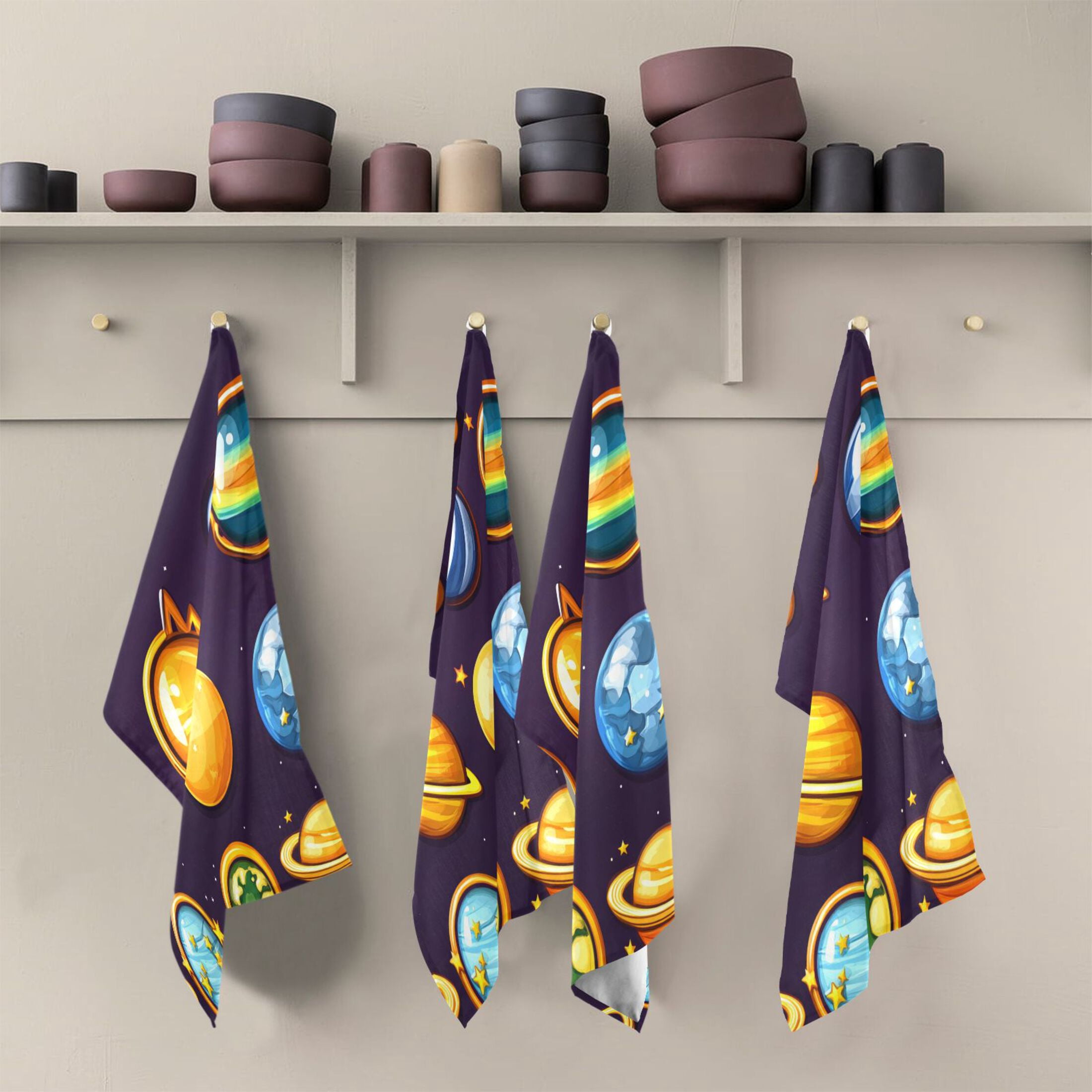 Cartoon Planets Pattern Kitchen Towels 6-Piece Pack Tea Towels for Kitchen Decorative Waffle Design 28x18in