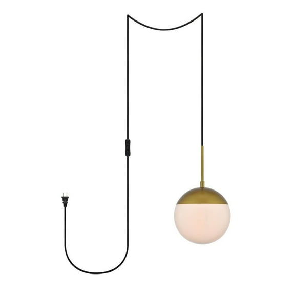 Midcentury Modern Eclipse 1 Light Brass Plug In Pendant with Frosted White Glass