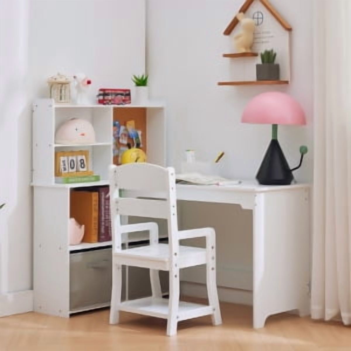 Juiluna Kids Corner Desk, Desk and Chair Set for Children, L Shape Kids Study Table - Features Bulletin Board Open Shelves & Storage Cabinets and Cloth Drawers, White/Pink