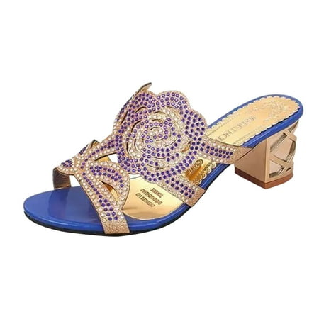 

High Heels Ladies Fashion Summer Flowers Rhinestone Chunky High Heel Open Toe Sandals High Heels For Women Pu Blue 41