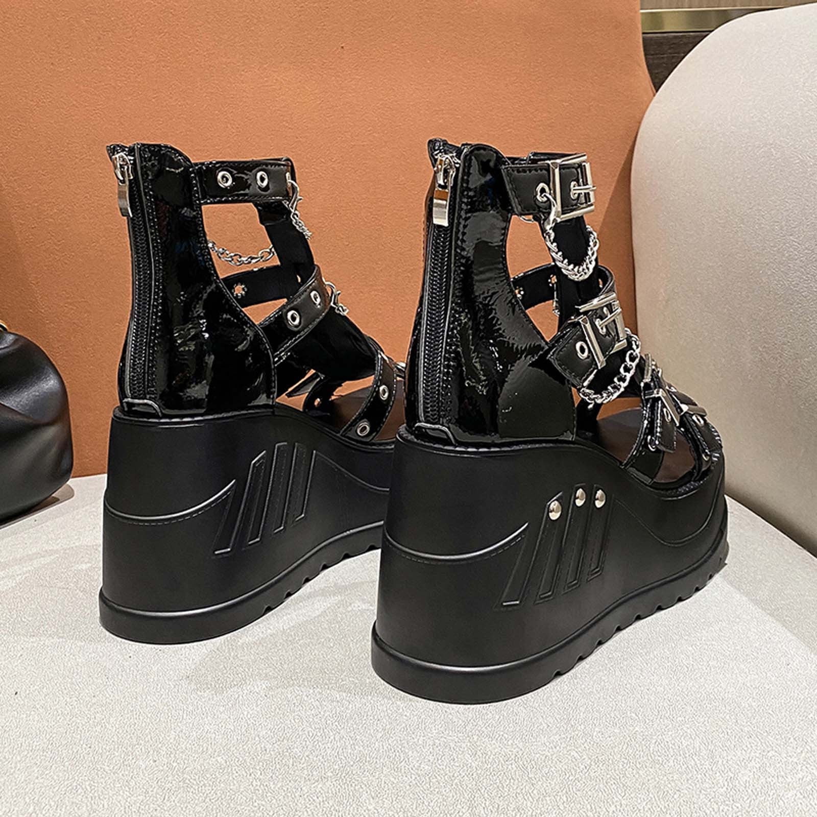 Womens Platform Sandals Wedge Gothic Y2K Back Zipper Adjust
