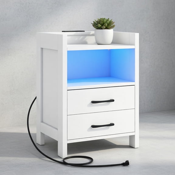 Resenkos 23.5 Inches Nightstand with Charging Station, Bedside Table with LED Lights Open Shelf for Bedroom, White