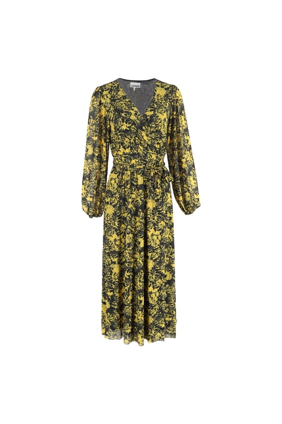 Pre-Owned Ganni Printed Mesh Midi Wrap Dress in Yellow Polyamide