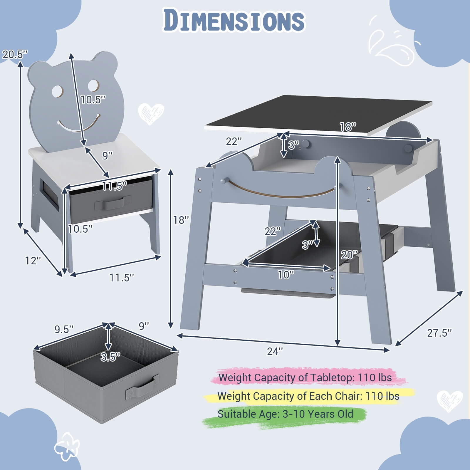 Costway 5-in-1 Kids' Table & Chair Set with Chalkboard, Whiteboard, 3 Storage Bins, 4 Hooks Gray + White