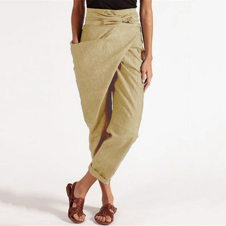 JWZUY Womens Asymmetrical Design Casual High Waist Pencil Pants with  Bow-Knot Pockets Pants Khaki M