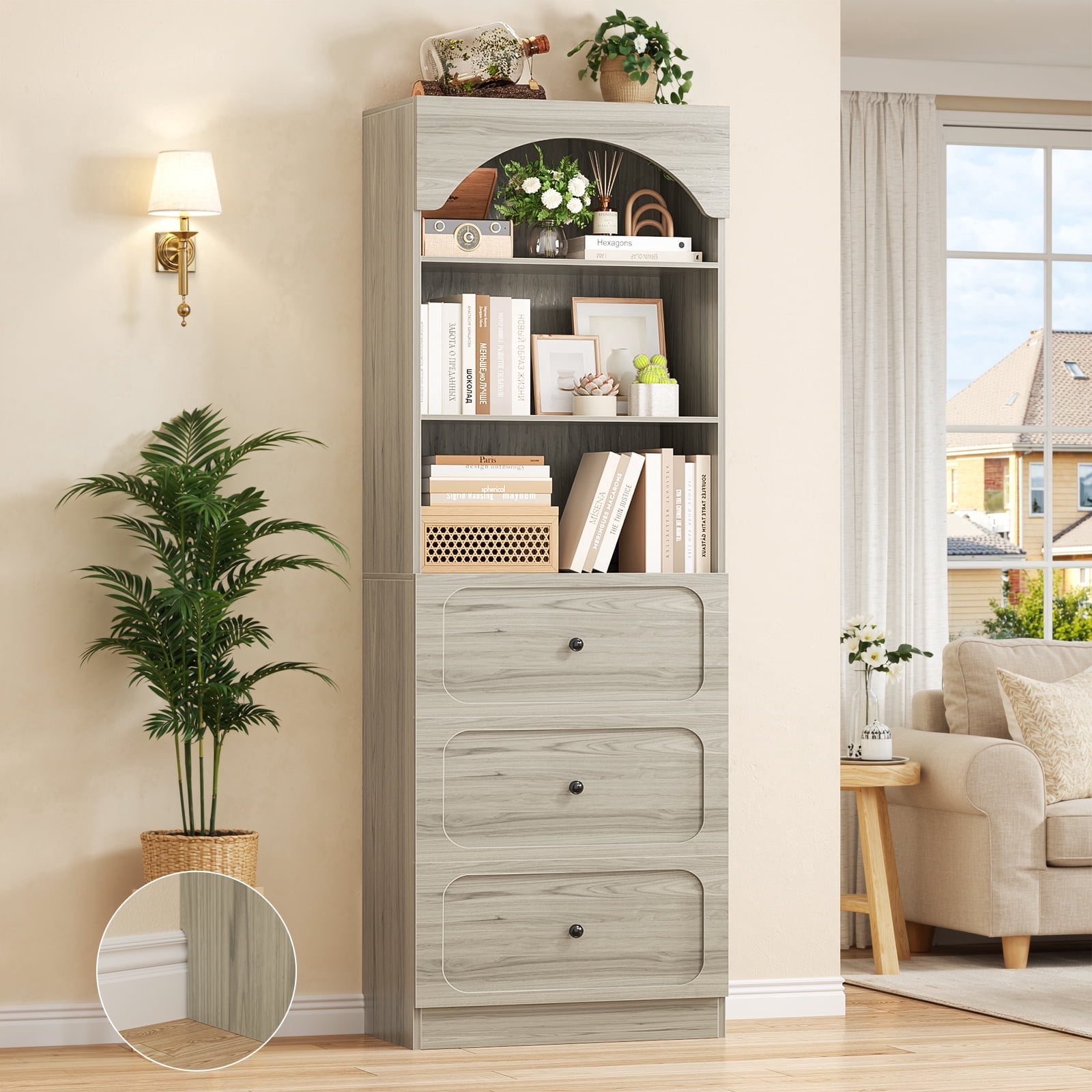 Homieasy 80" Tall Arched Bookcase with 3 Drawers & 3 Open Shelves - Wooden Storage Cabinet for Living Room, Kitchen, Office,White Oak
