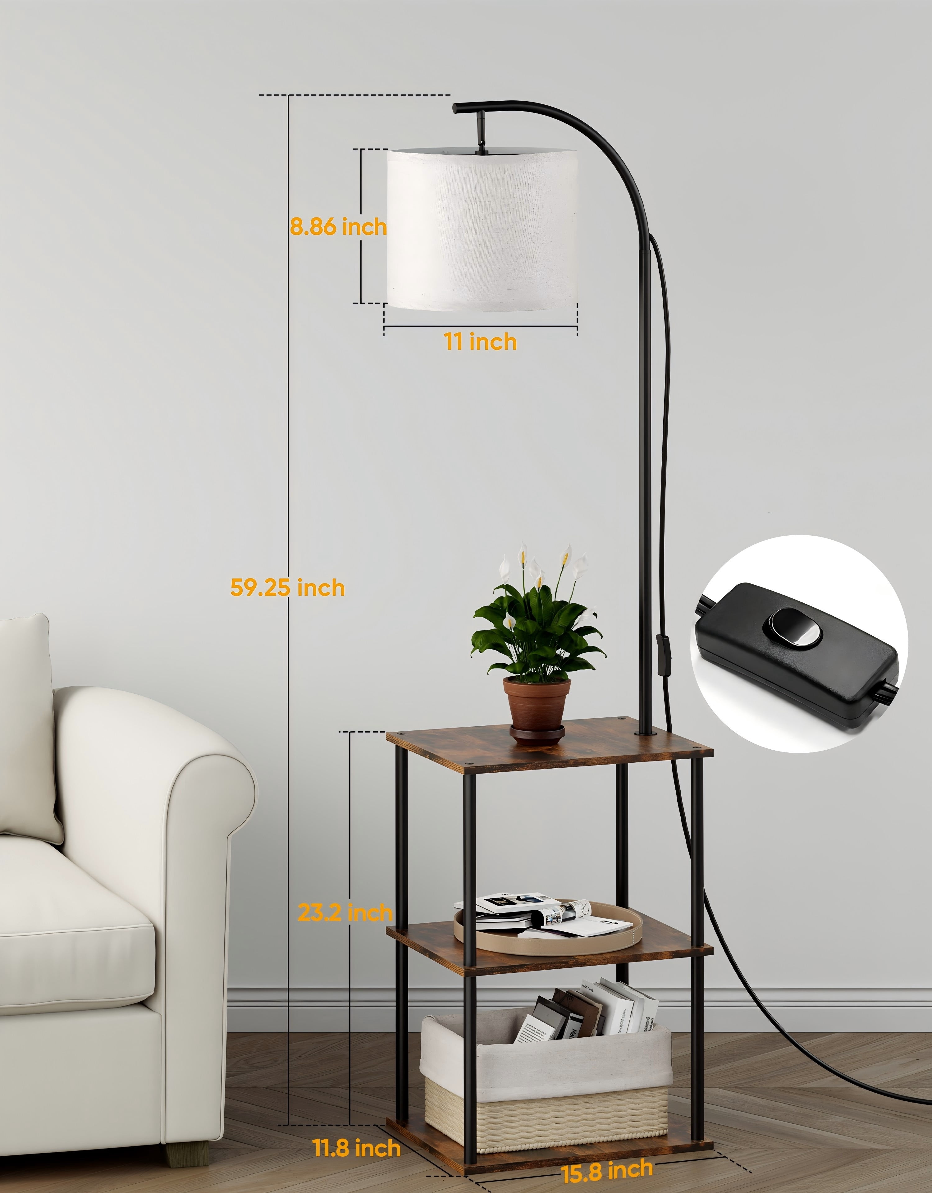 Floor Lamp with Table, Night Stand with Lamp with 3CCT LED Bulb, End Table with Storage Shelves for Home Décor, Rustic Brown