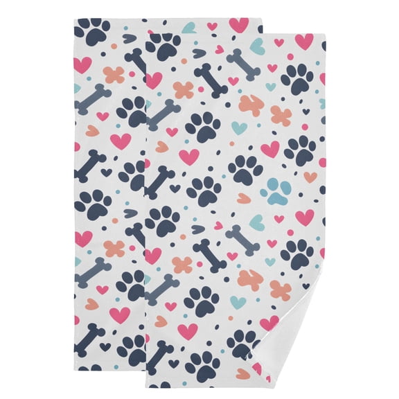 2-Piece Polyester cotton Towel Set Absorbent Pet Paw Bone and Hearts Hand Towel Bath Towel Soft and Comfortable Machine Wash 28.3x14.4