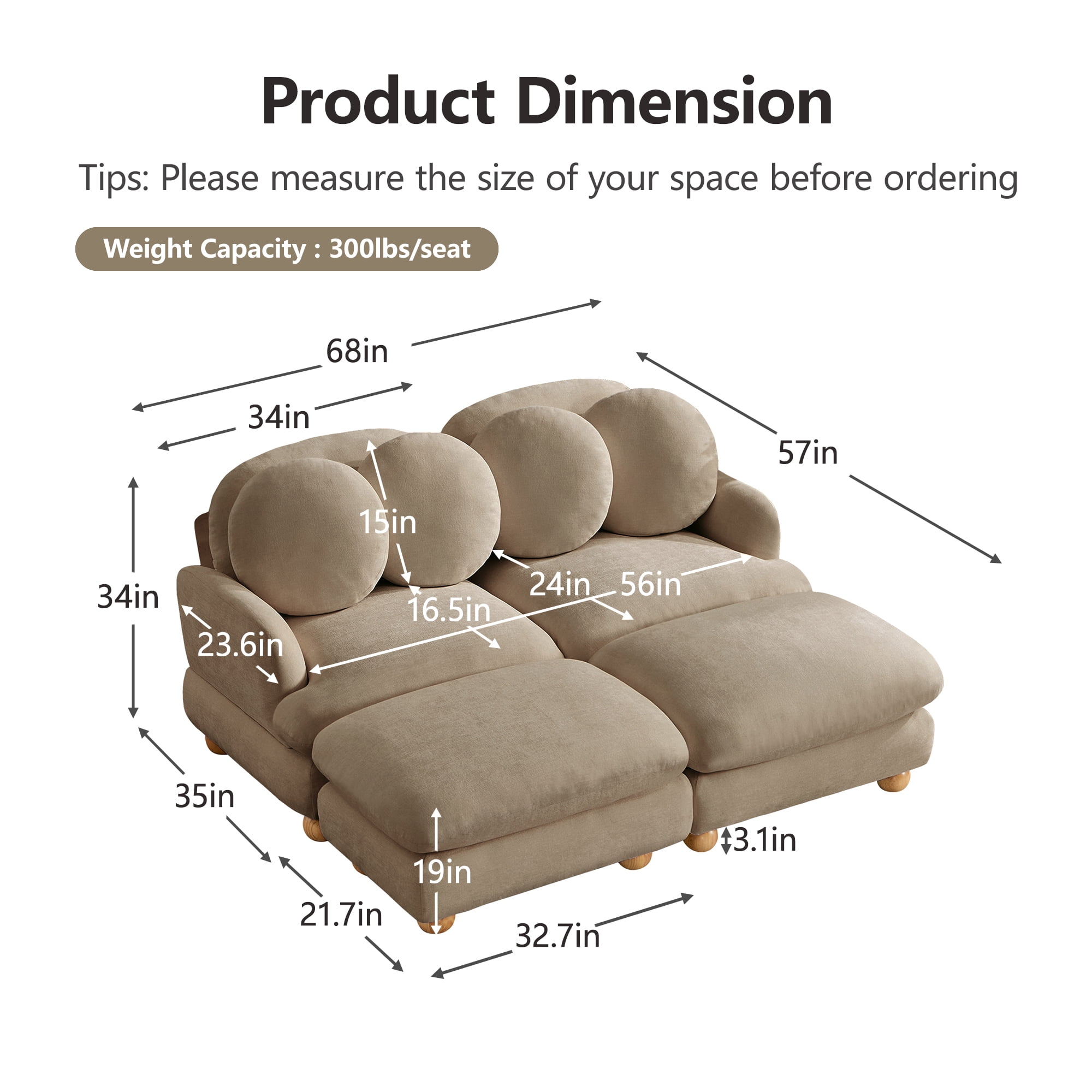 68" 4 Seater Comfy Chenille Modular Sectional Sofa Couch with 4 Throw Pillows and 2 Ottoman