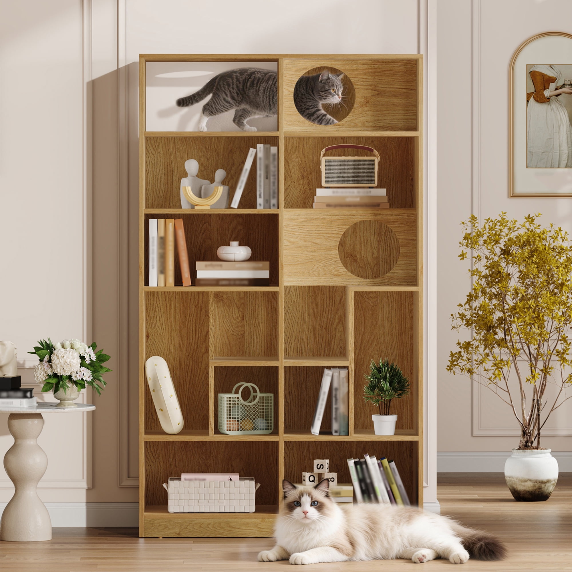 Euroco 2 in 1 Wood Bookshelf Cat House, Modern Cat Tree Display Case with Storage,Built-in Cat Houses and Pass-Through Cat Holes,Cat Litter Box Enclosure Climbing Shelf,Natural