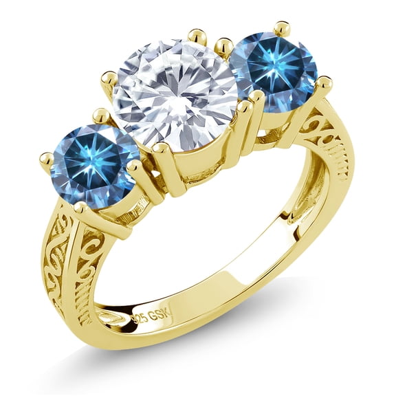 Gem Stone King 18K Yellow Gold Plated Silver 3-Stone Ring Set with Round Moissanite and Moissanite (2.20 Cttw, Size 6)