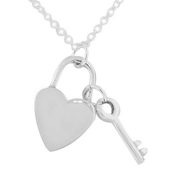 925 Sterling Silver Love Heart Padlock Key Pendant Necklace