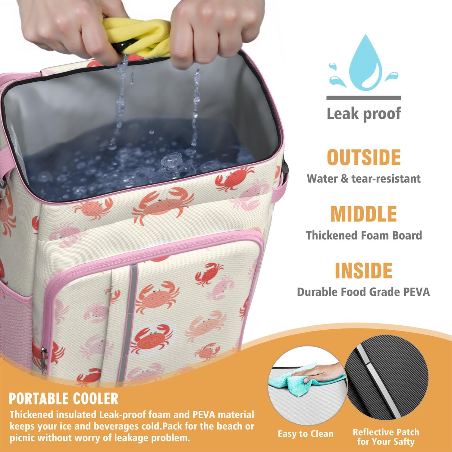 Marine Adorable Crab Cooler Backpack Insulated Waterproof Leak Proof Beach Cooler Bag Lightweight Lunch Picnic Camping Backpack Cooler for Office Workers Outdoor Enthusiasts