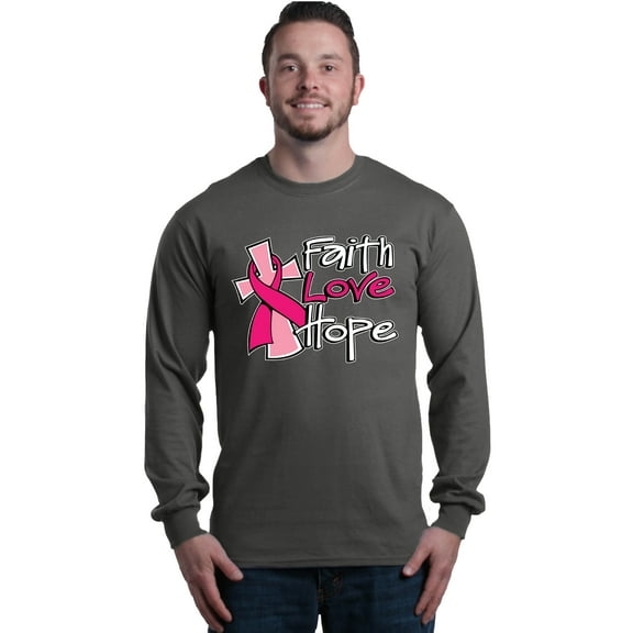 Shop4Ever Men's Faith Love Hope Pink Breast Cancer Awareness Long Sleeve Shirt Small Charcoal
