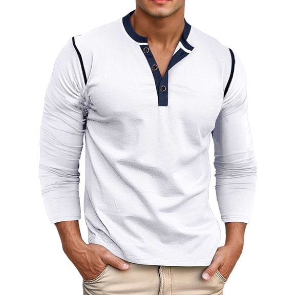 KHONTS Men's Henley Long Sleeve Shirts Casual Button T-Shirt Classic Basic Cotton Lightweight Stylish Pullover Tees White XXXL