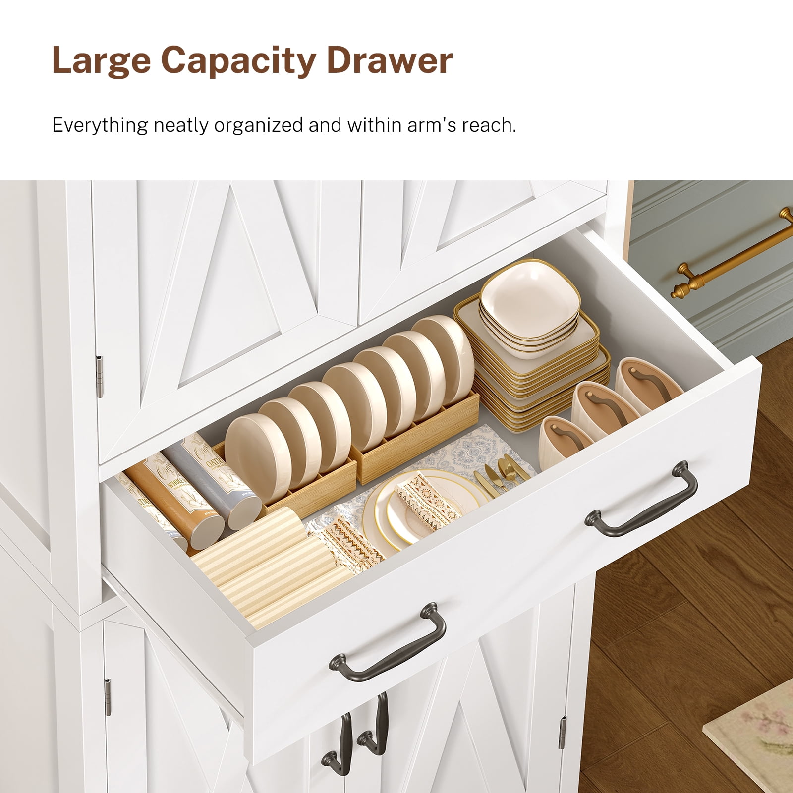 Tall Storage Cabinets with 2 Adjustable Shelves & 2 Drawers, Kitchen Pantry Cabinets, Bathroom Cabinets with 4 Doors, for Living Room, Kitchen, Bathroom, White