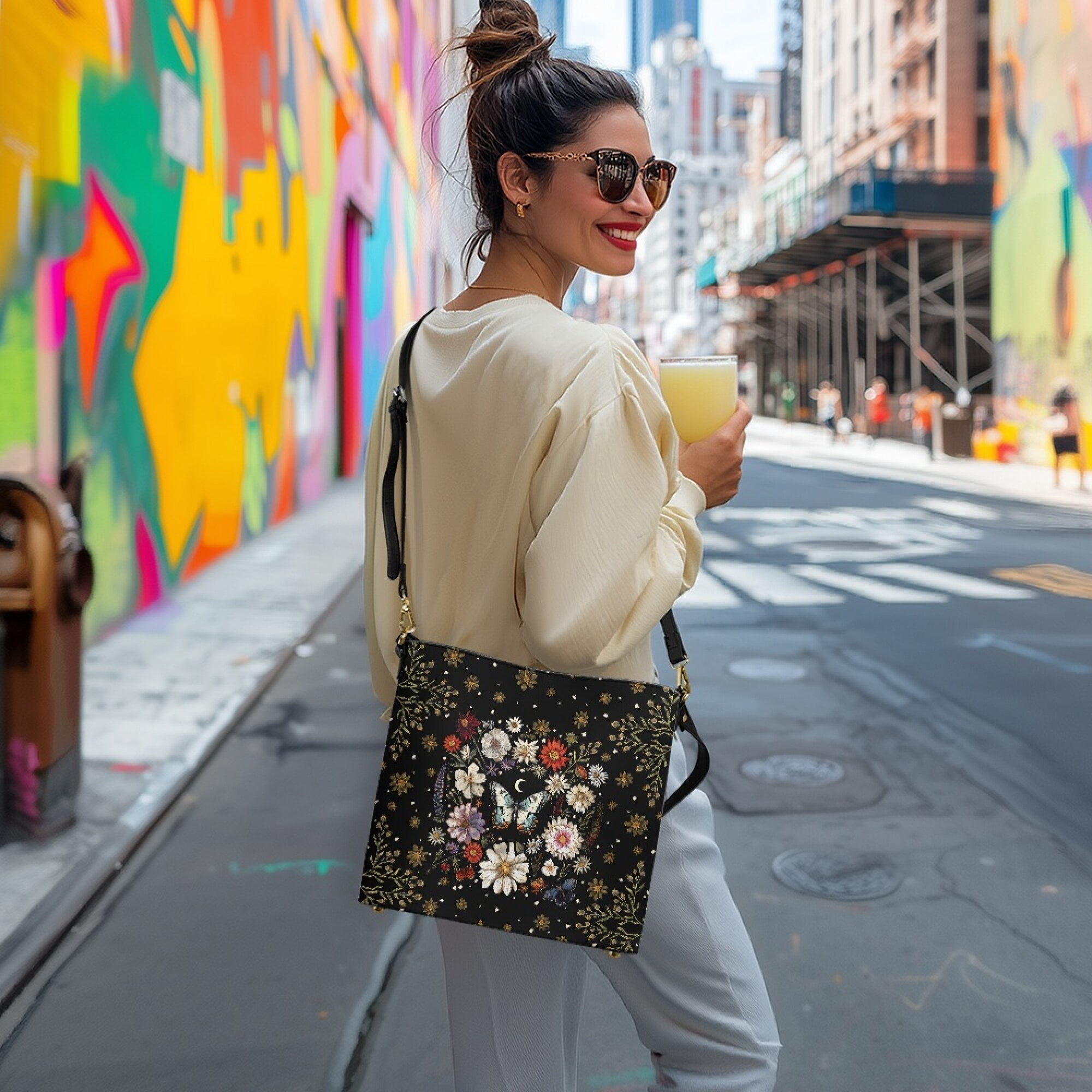 Kuiaobaty Butterfly Flower Print Crossbody Bag for Women, Lightweight Vegan Leather Shoulder Handbag with Adjustable Strap, Large Capacity Bucket Tote Bag Handbag Crossbody for Travel