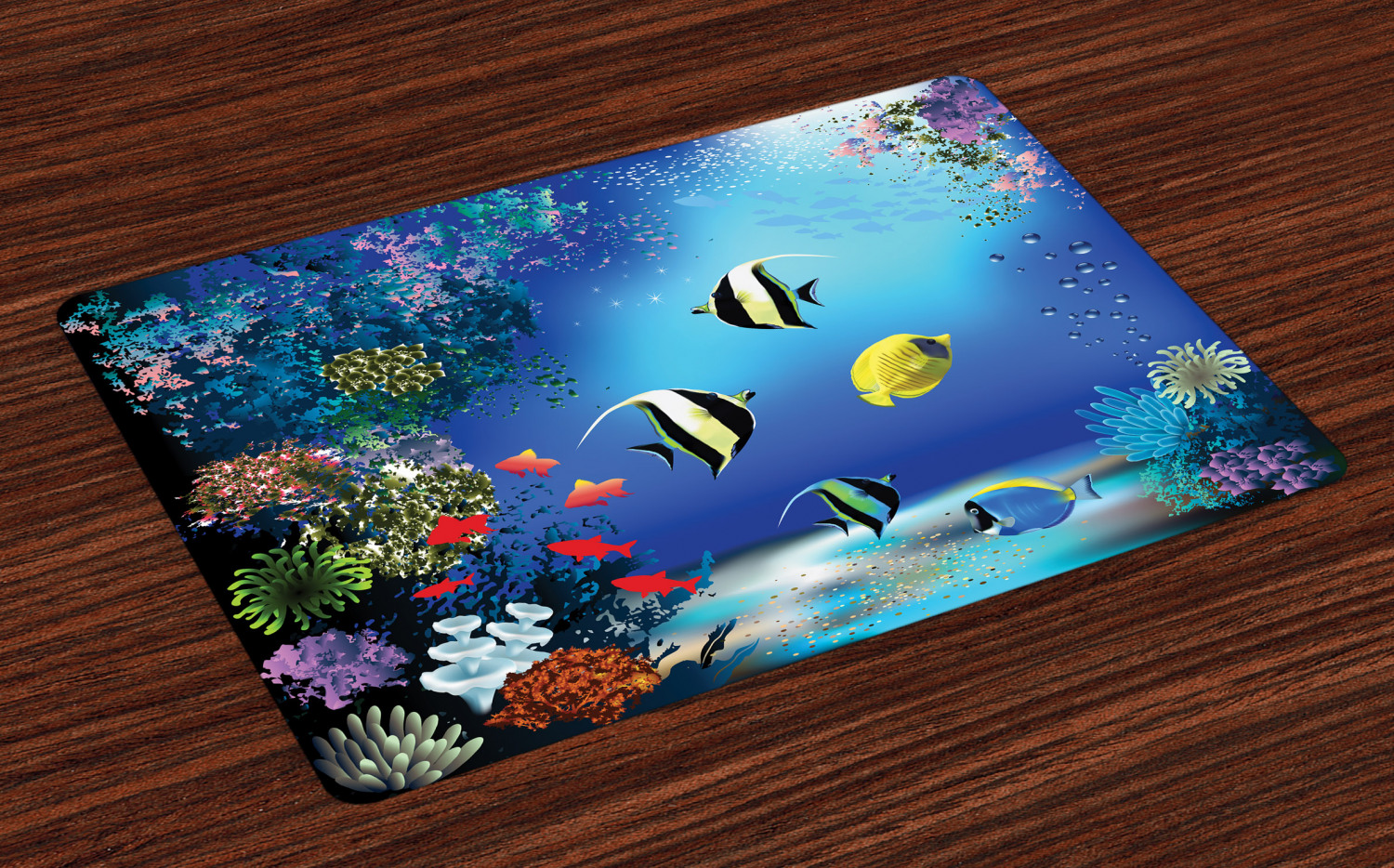 Underwater Placemats Set of 4 Tropical Undersea with Colorful Fishes Swimming in the Ocean Coral