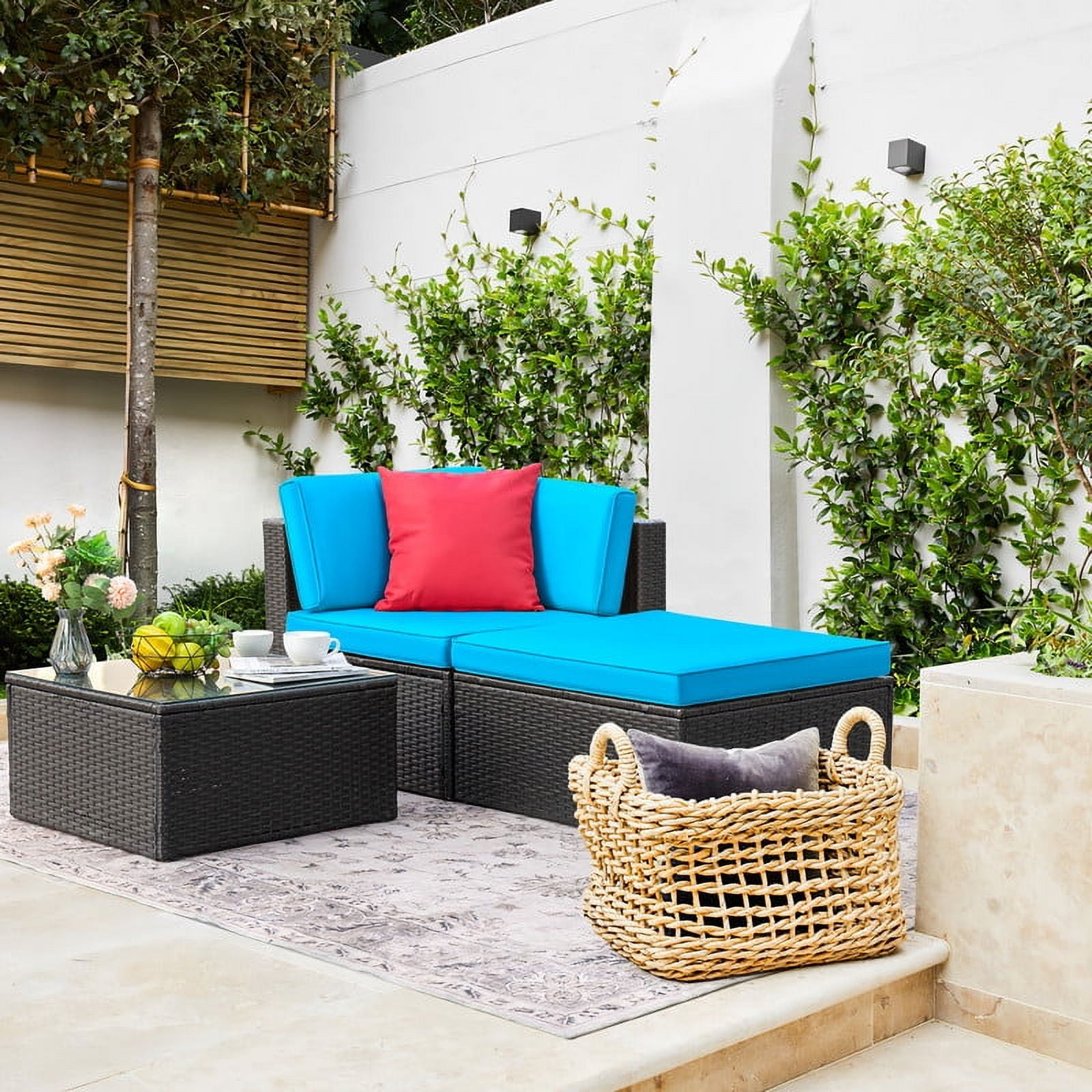 Devoko Outdoor Sectional Sofa PE Rattan Patio Furniture Sets with Cushions and Table,Blue