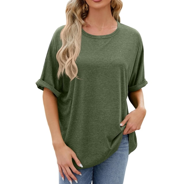 Yuyuzo Hauts Grande Taille pour Femmes Manches Courtes Col Rond Chemises Couleur Unie Haut d'Été T-Shirts Amples